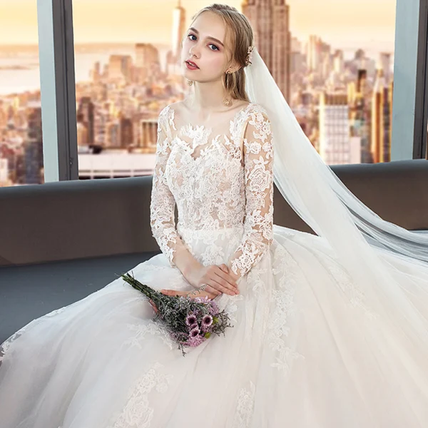Modest / Simple White Wedding Dresses 2019 A-Line / Princess Scoop Neck See-through Lace Flower 3/4 Sleeve Backless Cathedral Train