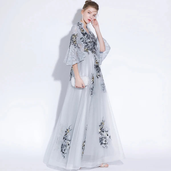 Chinese style Grey Evening Dresses  2018 A-Line / Princess Lace Appliques V-Neck 3/4 Sleeve Floor-Length / Long Formal Dresses