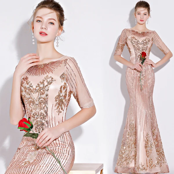 Scintillantes Grape Robe De Soirée 2018 Trompette / Sirène Glitter Paillettes Brodé Encolure Dégagée 1/2 Manches Longue Robe De Ceremonie