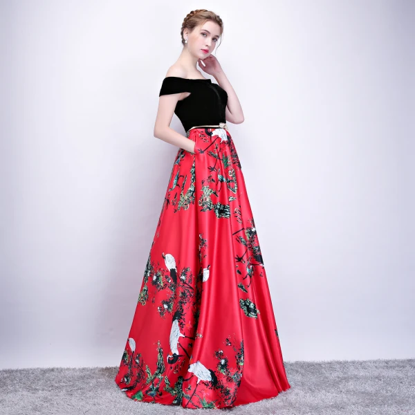 Chic / Beautiful Red Evening Dresses 2018 A-Line / Princess Metal Sash Printing Off-The-Shoulder Backless Sleeveless Floor-Length / Long Formal Dresses