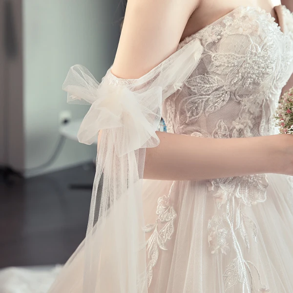 Chic / Belle Champagne Robe De Mariée 2019 Princesse Bustier Perlage En Dentelle Fleur Sans Manches Dos Nu Noeud Royal Train