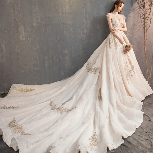 Vintage / Retro Chinese style Champagne Wedding Dresses 2019 A-Line / Princess High Neck Lace Flower Cap Sleeves Backless Royal Train