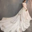 Vintage / Retro Chinese style Champagne Wedding Dresses 2019 A-Line / Princess High Neck Lace Flower Cap Sleeves Backless Royal Train