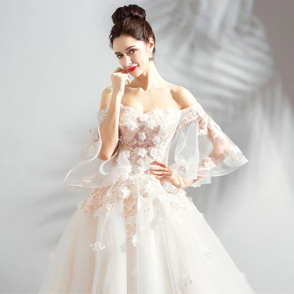 Charming Champagne Wedding Dresses 2019 A-Line / Princess Off-The-Shoulder Appliques Embroidered Pearl 3/4 Sleeve Backless Cathedral Train