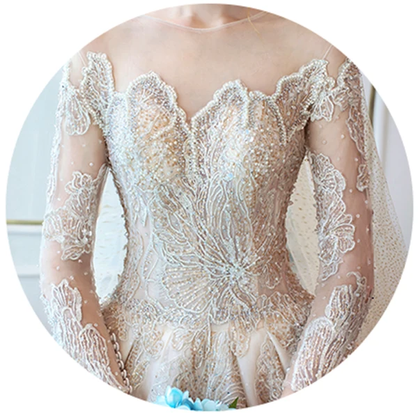 Luxe Champagne Robe De Mariée 2019 Robe Boule Encolure Dégagée En Dentelle Fleur Paillettes 3/4 Manches Royal Train