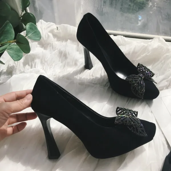 Chic / Beautiful Black Prom Pumps 2021 Leather Rhinestone Bow 10 cm Stiletto Heels Pointed Toe Pumps High Heels