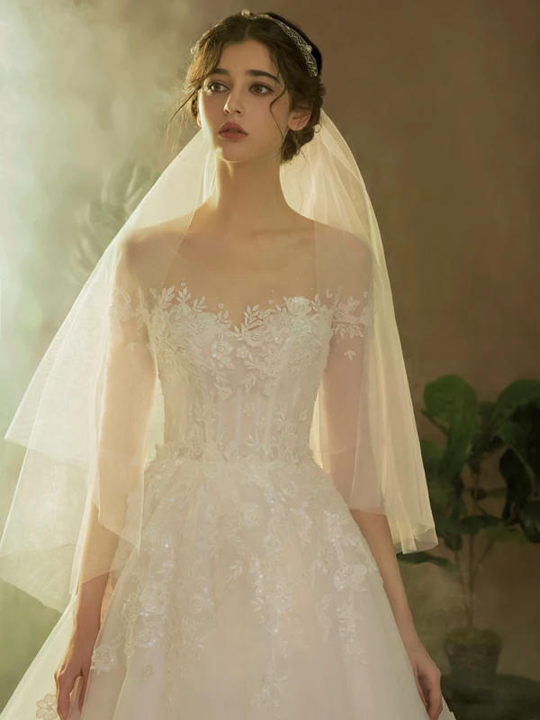 Elegant Ivory Wedding Dresses 2019 A-Line / Princess Scoop Neck Sequins Lace Flower 1/2 Sleeves Backless Floor-Length / Long