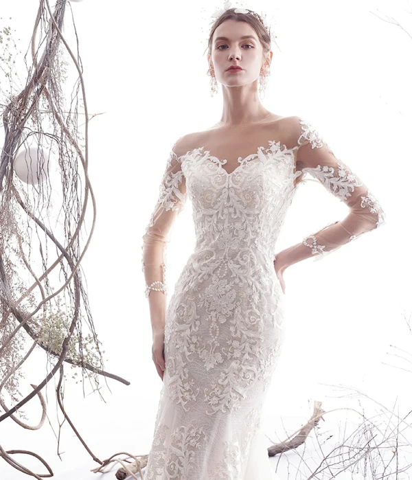 Charmant Ivoire Robe De Mariée 2019 Trompette / Sirène Transparentes Encolure Dégagée Perlage En Dentelle Fleur 3/4 Manches Chapel Train