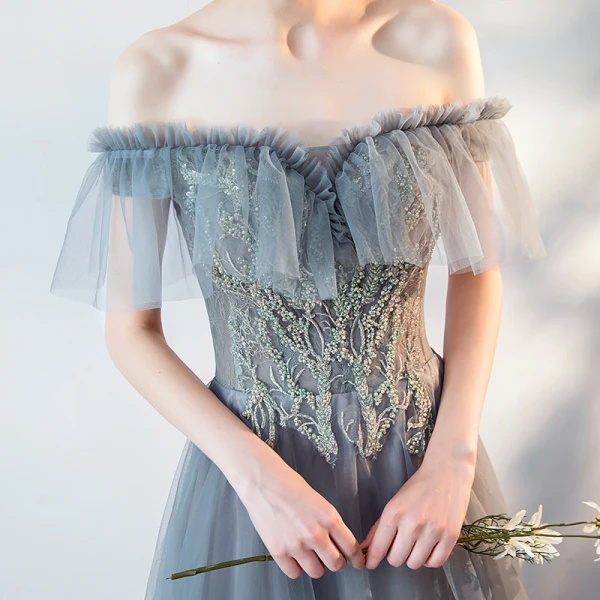 Modern / Fashion Grey Lace Flower Evening Dresses  2019 A-Line / Princess Off-The-Shoulder Beading Short Sleeve Backless Floor-Length / Long Formal Dresses