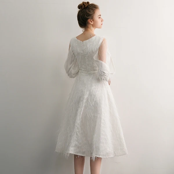 Elegant Ivory Homecoming Graduation Dresses 2019 A-Line / Princess Scoop Neck Tassel 3/4 Sleeve Tea-length Formal Dresses
