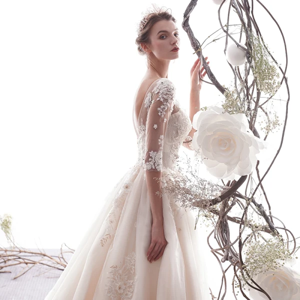 Elegant Champagne Wedding Dresses 2019 A-Line / Princess Scoop Neck Beading Lace Flower Appliques 1/2 Sleeves Backless Chapel Train