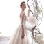Elegant Champagne Wedding Dresses 2019 A-Line / Princess Scoop Neck Beading Lace Flower Appliques 1/2 Sleeves Backless Chapel Train