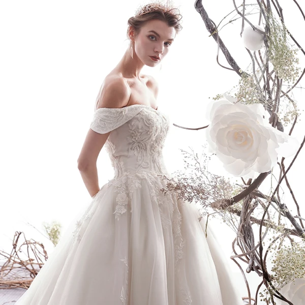 Elegant Ivory Wedding Dresses 2019 A-Line / Princess Off-The-Shoulder Beading Lace Flower Short Sleeve Backless Cathedral Train
