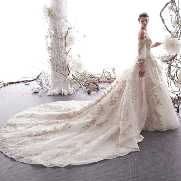Luxury / Gorgeous Champagne Wedding Dresses 2019 A-Line / Princess Spaghetti Straps Beading Crystal Lace Flower 3/4 Sleeve Backless Royal Train