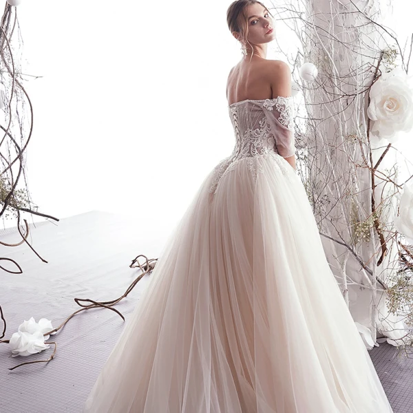 Chic / Beautiful Ivory Wedding Dresses 2019 A-Line / Princess Off-The-Shoulder Beading Lace Flower Short Sleeve Backless Floor-Length / Long
