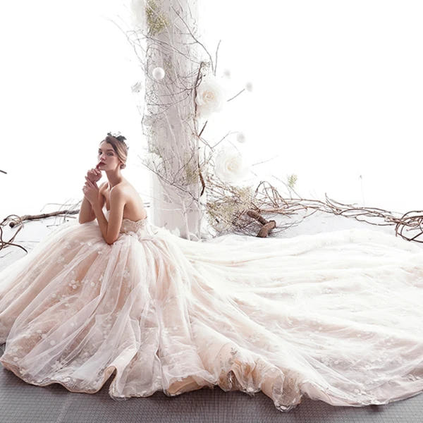 Luxury / Gorgeous Champagne Wedding Dresses 2019 A-Line / Princess Pleated Strapless Beading Lace Flower Sleeveless Backless Royal Train
