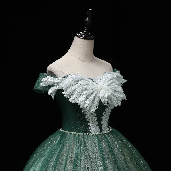 Elegant Dark Green Prom Dresses 2022 Ball Gown Off-The-Shoulder Short Sleeve Sequins Backless Pearl Bow Floor-Length / Long Formal Dresses