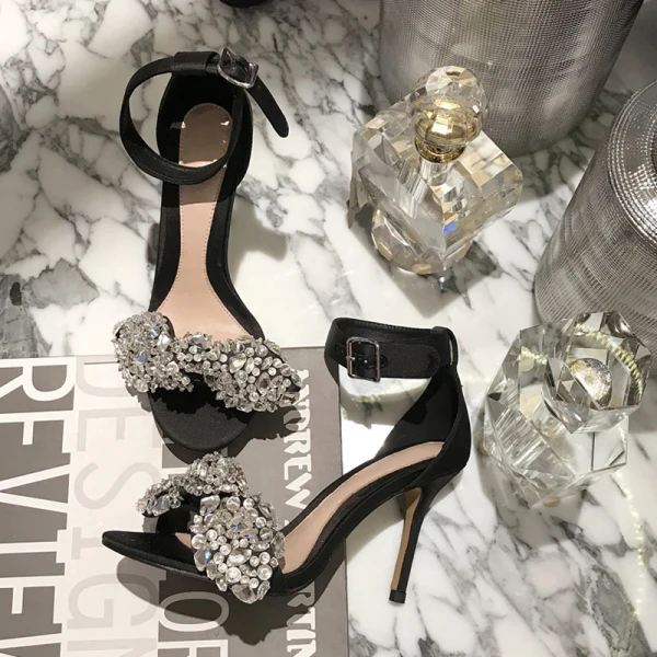 Sexy Silver Evening Party Rhinestone Womens Sandals 2021 Leather Ankle Strap 9 cm Stiletto Heels Open / Peep Toe Sandals High Heels