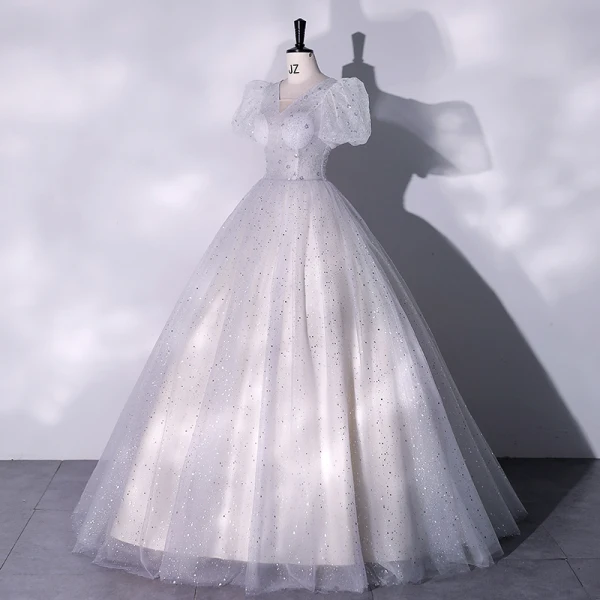 Chic / Beautiful Grey Sequins Prom Dresses 2022 Ball Gown V-Neck Puffy Short Sleeve Backless Floor-Length / Long Formal Dresses