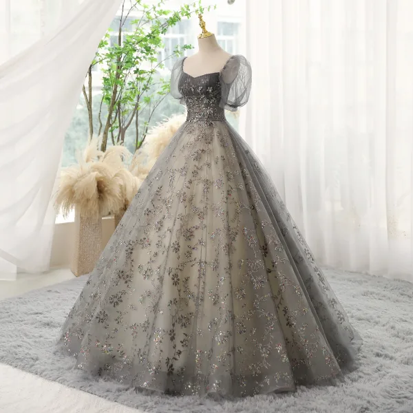 Chic / Belle Gris Perlage Paillettes Robe De Bal 2023 Robe Boule Encolure Carrée Manches Courtes Dos Nu Longue Promo Robe De Ceremonie