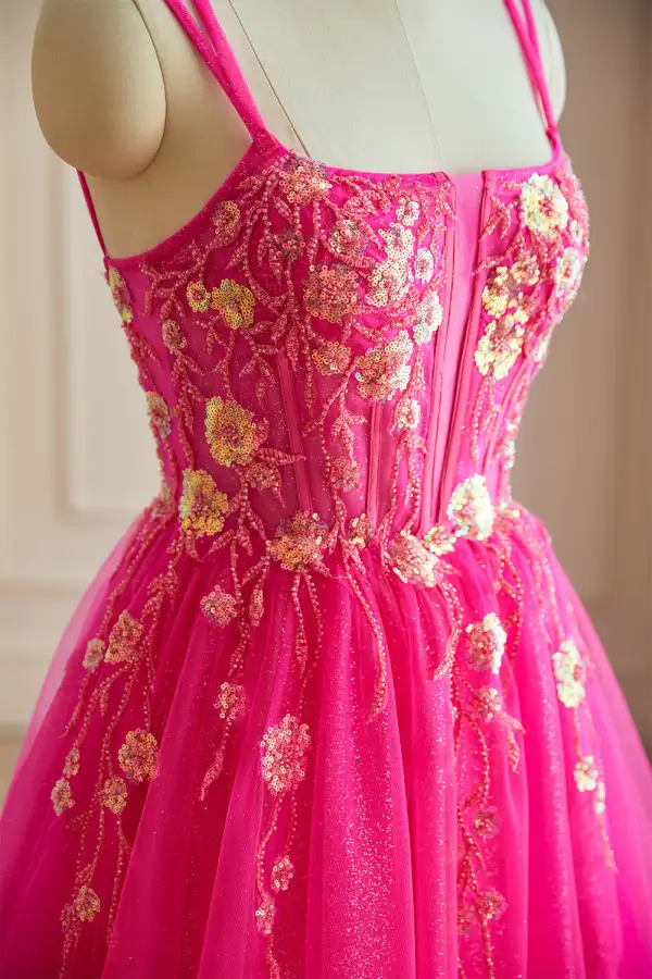 Accrocheuse Glitter Paillettes Fushia Robe De Bal 2024 Princesse Bretelles Spaghetti Dos Nu Sans Manches Longue Robe De Soirée