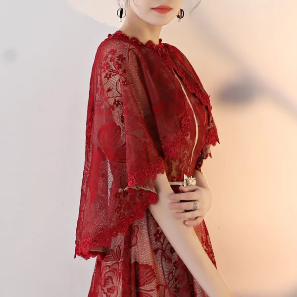 Chic / Belle Bordeaux Robe De Soirée Princesse 2018 Dentelle Impression Noeud Encolure Dégagée Avec Châle Manches Courtes Dos Nu Longue Robe De Ceremonie