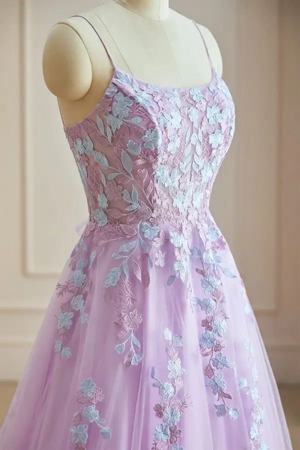 Blomma Fe Lavendel Spaghettiband 2024 Balklänningar Spets Blomma Korsade remmar Ärmlös Prinsessa Formella Klänningar