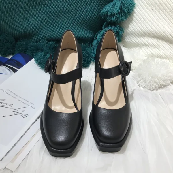 Simple Noire Vêtement de rue Escarpins 2021 Cuir 10 cm Talons Aiguilles Pied Carré Escarpins Talons Hauts