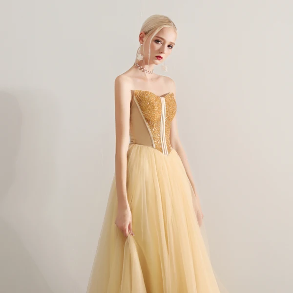 Sexy Gold Prom Dresses 2019 A-Line / Princess Strapless Beading Crystal Sleeveless Backless Floor-Length / Long Formal Dresses