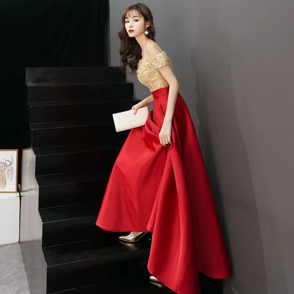 Charming Gold Evening Dresses A-Line / Princess 2019 Off-The-Shoulder Sequins Tassel Short Sleeve Backless Floor-Length / Long Formal Dresses