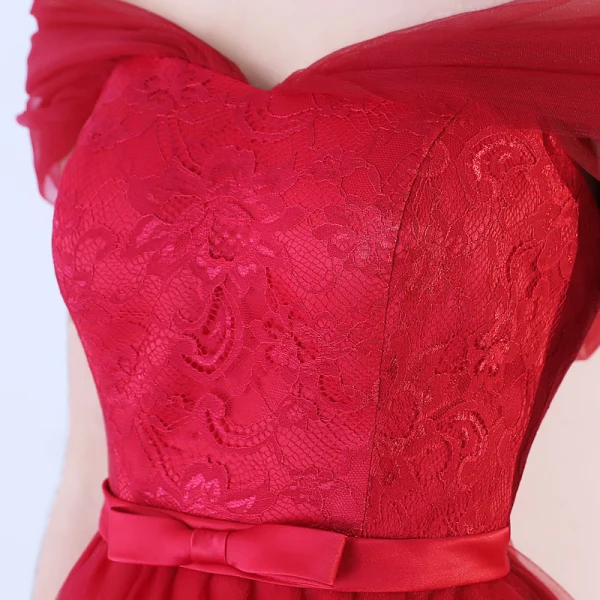 Chic / Beautiful Burgundy Cocktail Dresses 2019 A-Line / Princess Off-The-Shoulder Lace Flower Bow Short Sleeve Asymmetrical Formal Dresses