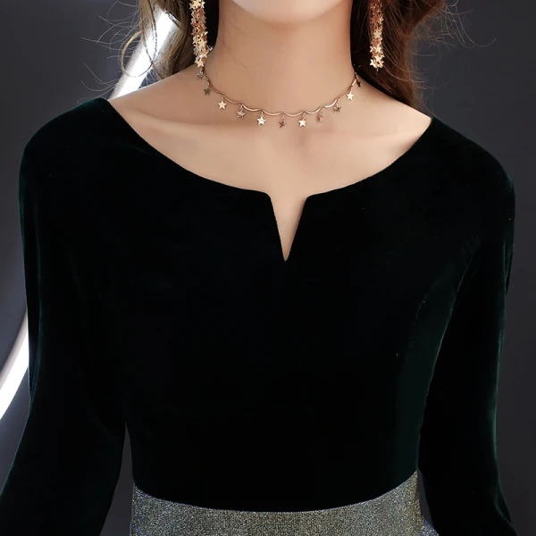 Elegant Svart Selskapskjoler 2019 Prinsesse Suede Scoop Halsen Glitter Polyester 3/4 Ermer Lange Formelle Kjoler