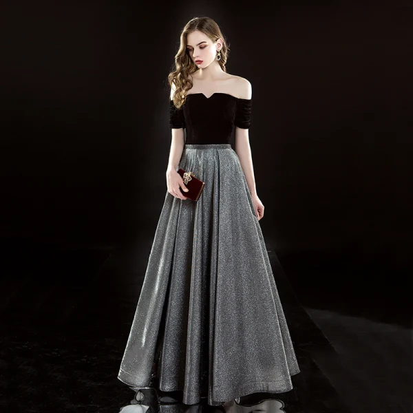 Elegant Svart Selskapskjoler 2019 Prinsesse Suede Av Skulderen Glitter Polyester Korte Ermer Ryggløse Lange Formelle Kjoler