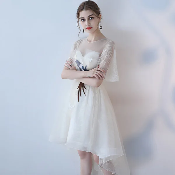 Elegant Grey A-Line / Princess Cocktail Dresses 2018 Lace Flower Scoop Neck Sleeveless Asymmetrical Formal Dresses