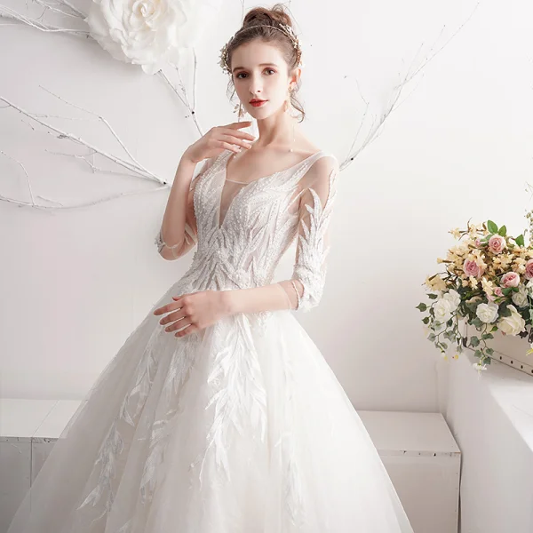 Chic / Beautiful Ivory Wedding Dresses 2019 A-Line / Princess V-Neck Beading Pearl Lace Flower 3/4 Sleeve Backless Floor-Length / Long