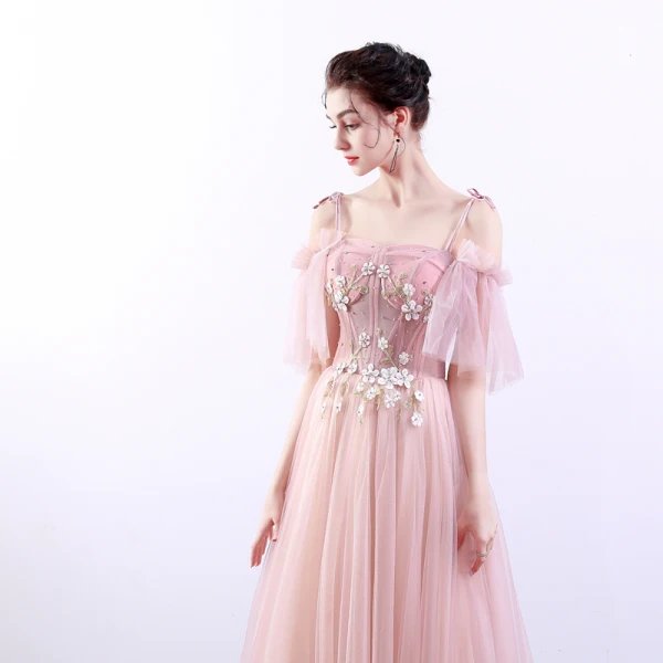 Chic / Beautiful Pearl Pink Prom Dresses 2019 A-Line / Princess Spaghetti Straps Appliques Lace Beading Crystal Rhinestone Short Sleeve Backless Floor-Length / Long Formal Dresses