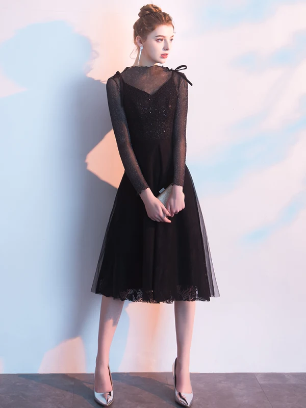 Chic / Beautiful Black Homecoming Graduation Dresses 2019 A-Line / Princess Scoop Neck Glitter Tulle Lace Bow Long Sleeve Tea-length Formal Dresses