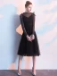 Chic / Beautiful Black Homecoming Graduation Dresses 2019 A-Line / Princess Scoop Neck Glitter Tulle Lace Bow Long Sleeve Tea-length Formal Dresses