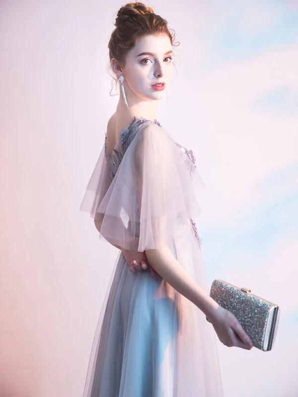 Chic / Beautiful Grey Evening Dresses  2019 A-Line / Princess V-Neck Appliques Pearl Lace Flower Short Sleeve Backless Floor-Length / Long Formal Dresses