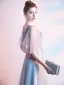 Chic / Beautiful Grey Evening Dresses  2019 A-Line / Princess V-Neck Appliques Pearl Lace Flower Short Sleeve Backless Floor-Length / Long Formal Dresses