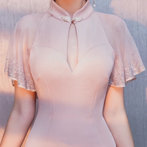 Élégant Rougissant Rose Robe De Soirée 2019 Trompette / Sirène Col Haut Faux Diamant Manches Courtes Fendue devant Longue Robe De Ceremonie