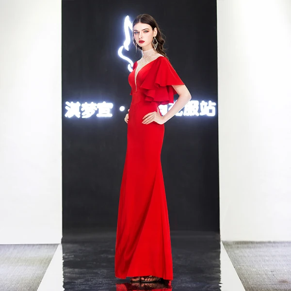 Chic / Belle Noire Robe De Soirée 2019 Trompette / Sirène Col Haut En Dentelle Fleur Manches Courtes Longue Robe De Ceremonie