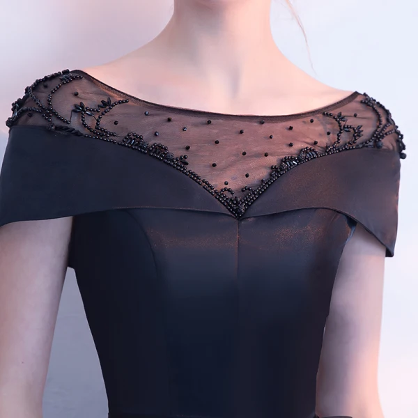 Modest / Simple Black Evening Dresses 2018 A-Line / Princess Beading Scoop Neck Backless Short Sleeve Floor-Length / Long Formal Dresses