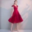 Chic / Beautiful Burgundy Homecoming Graduation Dresses 2019 A-Line / Princess Deep V-Neck Beading Lace Flower Cap Sleeves Backless Tea-length Formal Dresses