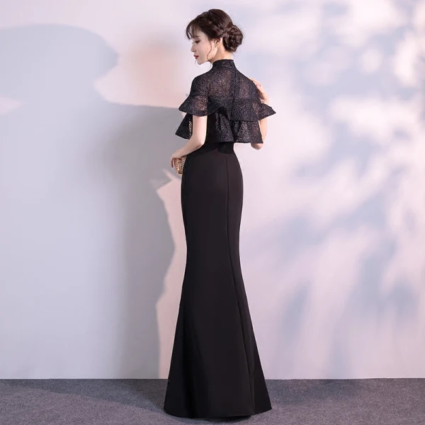 Chinese style Black Evening Dresses 2019 Trumpet / Mermaid High Neck Short Sleeve Split Front Floor-Length / Long Formal Dresses