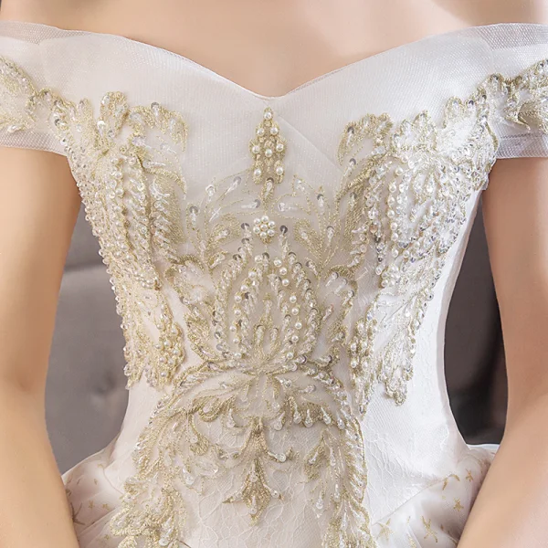 Elegant Ivory Wedding Dresses 2019 Ball Gown Off-The-Shoulder Lace Flower Star Beading Pearl Sequins Short Sleeve Backless Royal Train