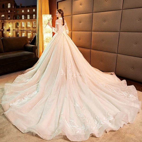 Charming Champagne Wedding Dresses 2019 Ball Gown High Neck Beading Crystal Lace Flower Long Sleeve Backless Royal Train