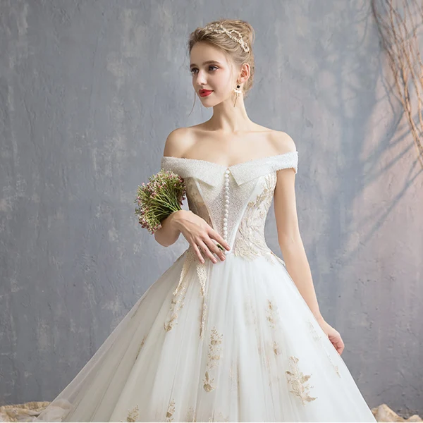 Luxury / Gorgeous Champagne 2019 Wedding Dresses Ball Gown Off-The-Shoulder Buttons Lace Flower Sleeveless Backless Royal Train