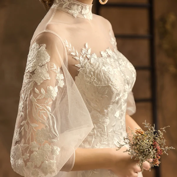 Elegant Champagne Wedding Dresses 2019 A-Line / Princess High Neck Lace Flower 3/4 Sleeve Backless Chapel Train