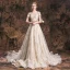 Charming Champagne 2019 Wedding Dresses A-Line / Princess Scoop Neck Lace Flower Glitter Tulle Short Sleeve Backless Cathedral Train